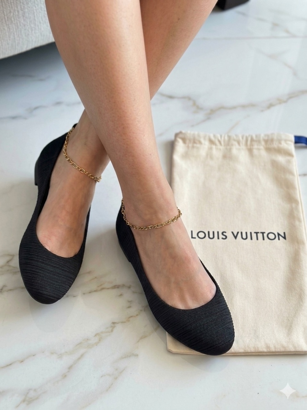 Louis Vuitton Black Knit Ballet Flats with Gold Ankle Bracelet